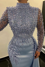 Dusty Blue High Neck Mermaid Prom Dress With Beads