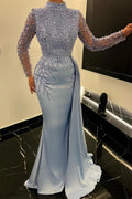 Dusty Blue High Neck Mermaid Prom Dress With Beads