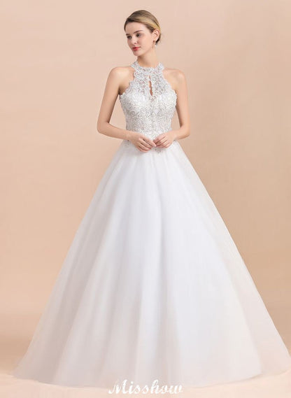 Wunderschönes Neckholder-Hochzeitskleid mit Strasssteinen, weißer Tüllspitze und A-Linien-Brautkleid