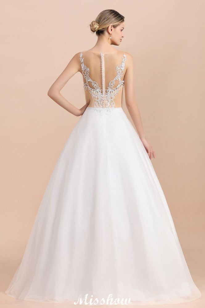 Gorgeous Illusion Neck Button Sleeveless White Ball Gown Wedding Dress