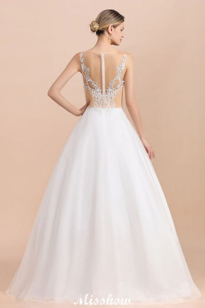 Gorgeous Illusion Neck Button Sleeveless White Ball Gown Wedding Dress