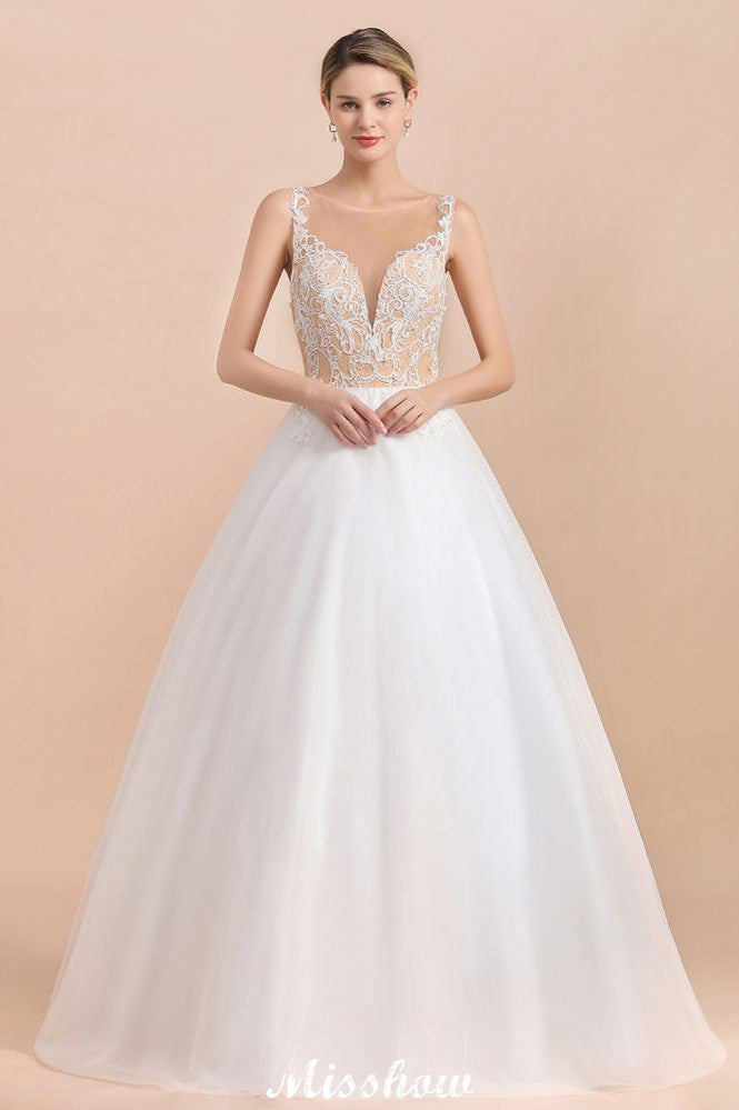 Gorgeous Illusion Neck Button Sleeveless White Ball Gown Wedding Dress