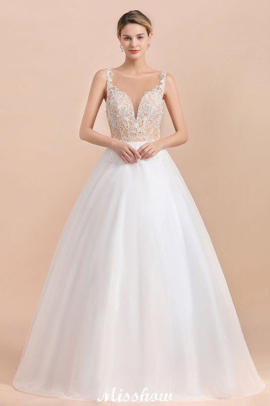 Gorgeous Illusion Neck Button Sleeveless White Ball Gown Wedding Dress