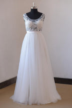 Gorgeous Jewel Appliques Sleeveless Wedding Dress With Tulle Ruffles White Gown
