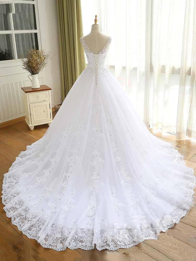 Precioso vestido de novia de encaje con cuentas, recién llegado, con escote en V, tirantes, largo, estilo princesa, para fiesta de boda.