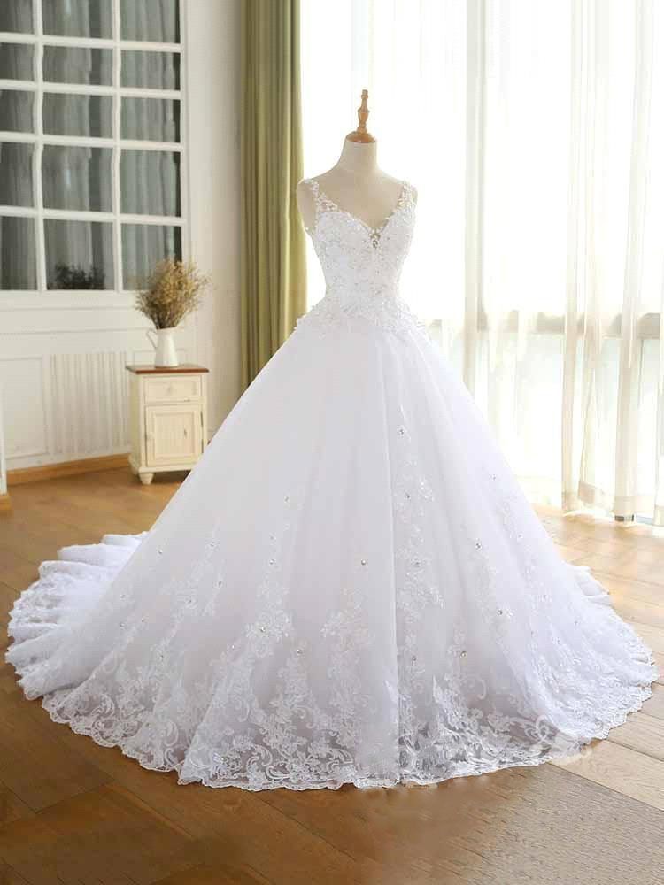 Wunderschöne Spitze Perlen Brautkleid Neue Ankunft V-Ausschnitt Riemen Lange Prinzessin Hochzeit Party Brautkleid