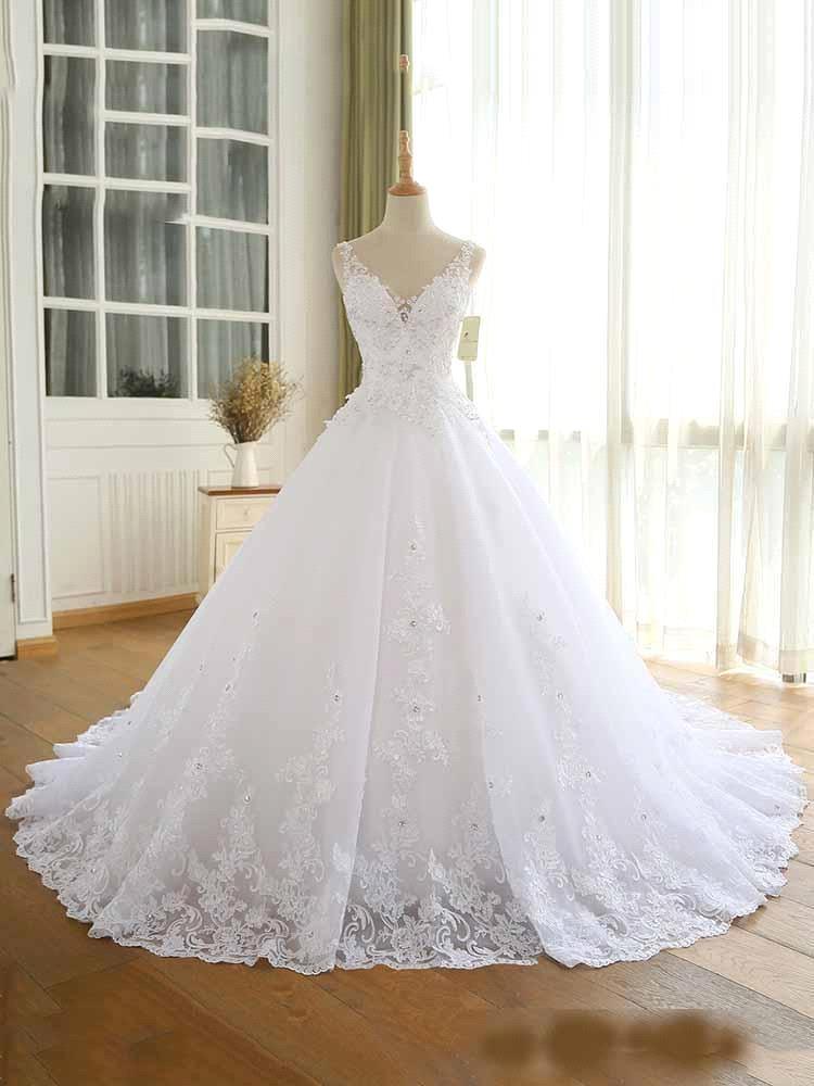 Precioso vestido de novia de encaje con cuentas, recién llegado, con escote en V, tirantes, largo, estilo princesa, para fiesta de boda.