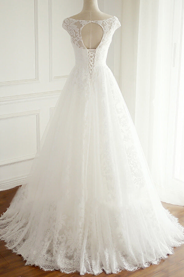 Lace V Neck Appliques A Line Wedding Dress White Tulle Bridal Gown On Sale
