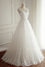 Lace V Neck Appliques A Line Wedding Dress White Tulle Bridal Gown On Sale