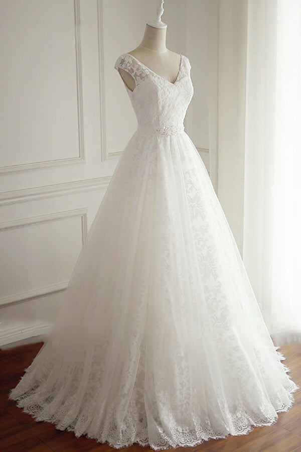 Lace V Neck Appliques A Line Wedding Dress White Tulle Bridal Gown On Sale