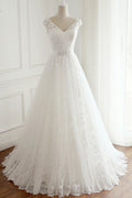 Lace V Neck Appliques A Line Wedding Dress White Tulle Bridal Gown On Sale