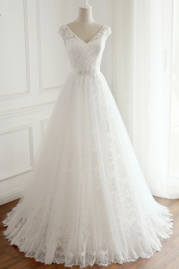Lace V Neck Appliques A Line Wedding Dress White Tulle Bridal Gown On Sale