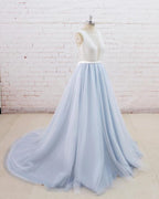 Light Blue Tulle Lace Sleeveless A Line Wedding Dress With Sheer Back