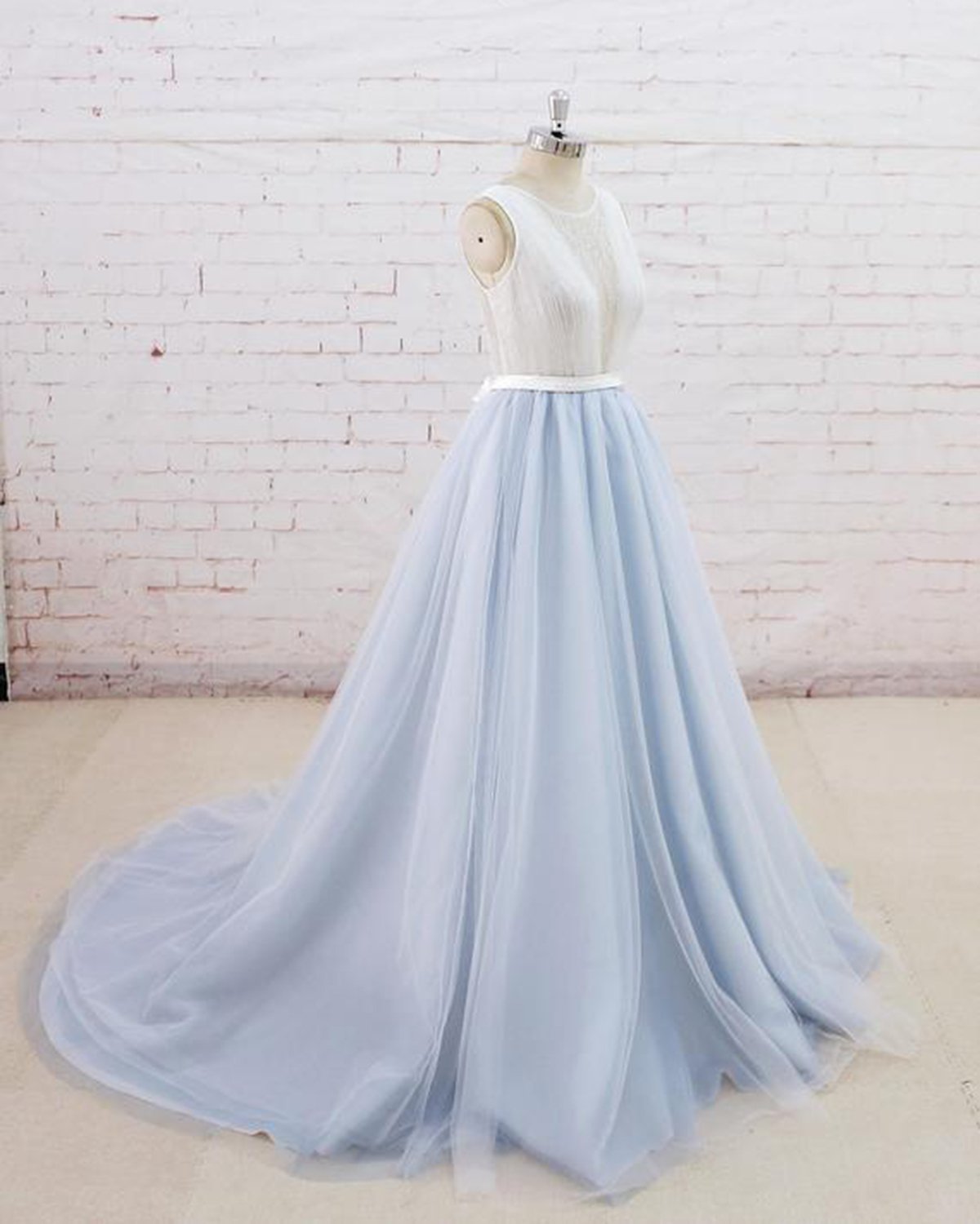 Light Blue Tulle Lace Sleeveless A Line Wedding Dress With Sheer Back