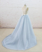 Light Blue Tulle Lace Sleeveless A Line Wedding Dress With Sheer Back