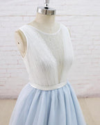 Light Blue Tulle Lace Sleeveless A Line Wedding Dress With Sheer Back