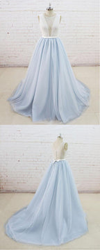 Light Blue Tulle Lace Sleeveless A Line Wedding Dress With Sheer Back