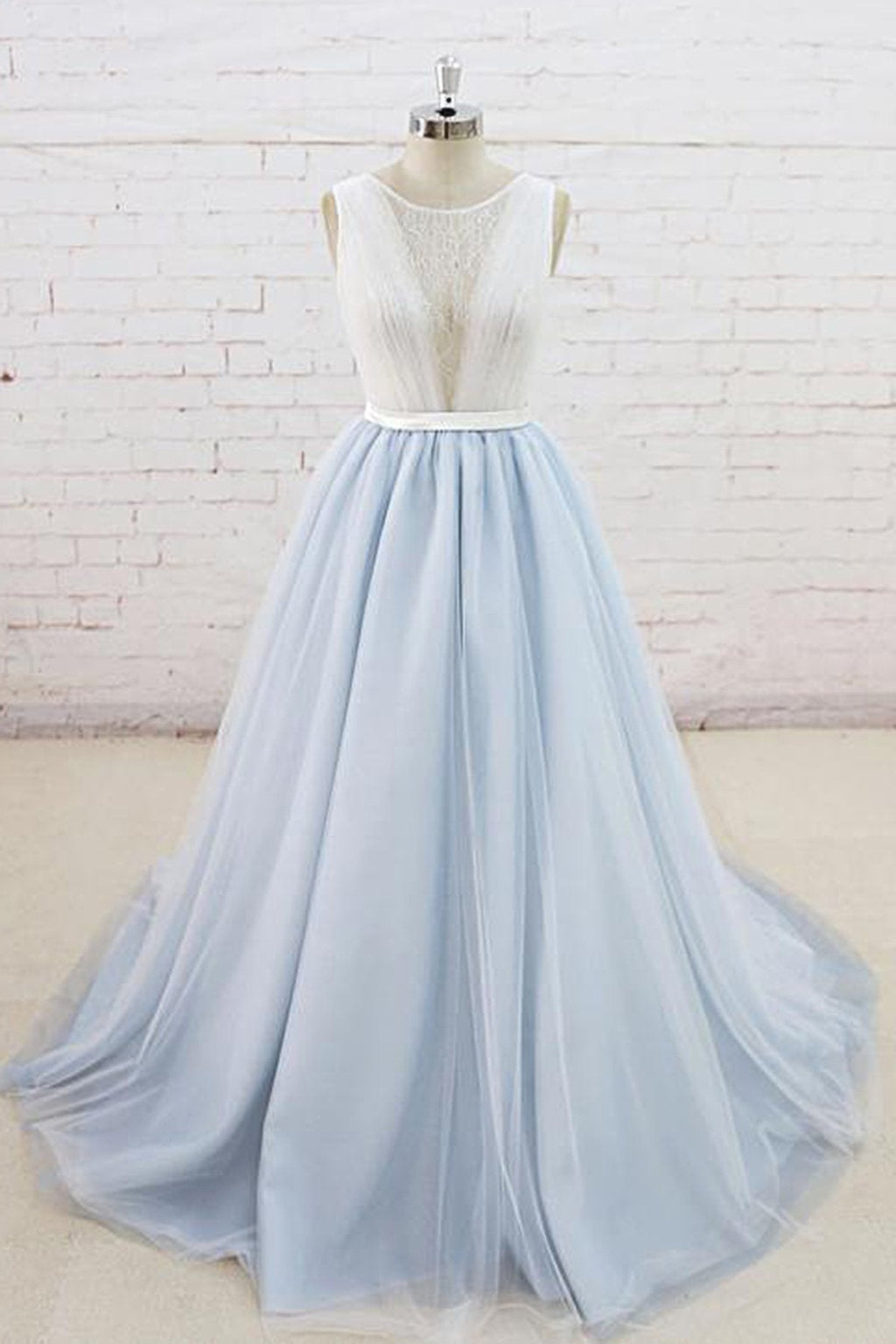 Light Blue Tulle Lace Sleeveless A Line Wedding Dress With Sheer Back
