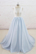 Light Blue Tulle Lace Sleeveless A Line Wedding Dress With Sheer Back