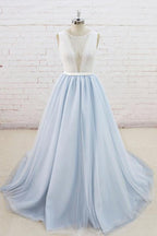 Light Blue Tulle Lace Sleeveless A Line Wedding Dress With Sheer Back