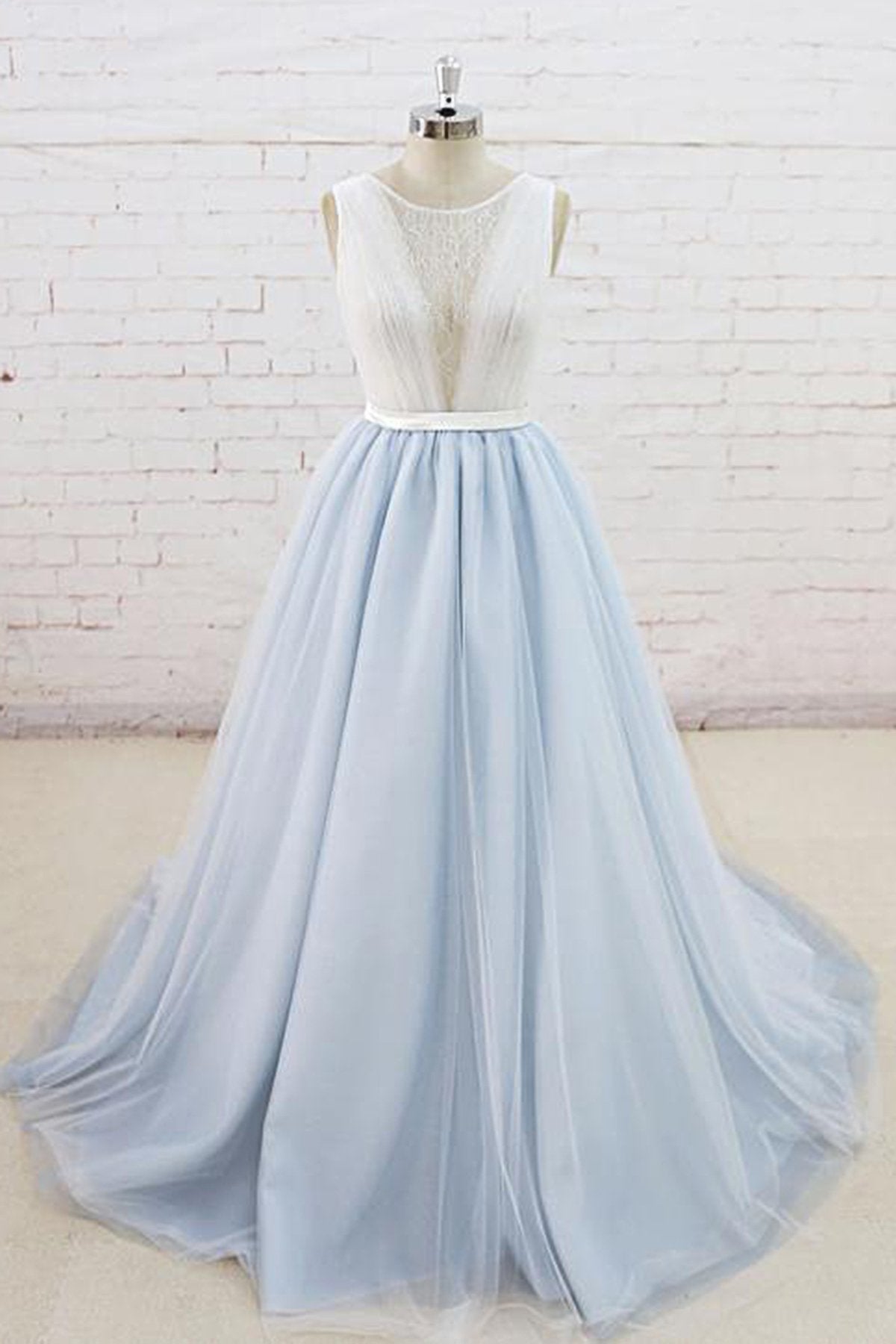 Light Blue Tulle Lace Sleeveless A Line Wedding Dress With Sheer Back