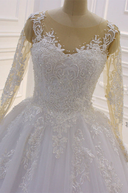 Wunderschönes langes A-Linien-Brautkleid in Bateau-Form mit Perlen, Tüllapplikationen und Spitze und Ärmeln