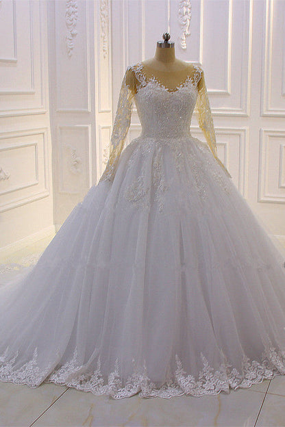 Wunderschönes langes A-Linien-Brautkleid in Bateau-Form mit Perlen, Tüllapplikationen und Spitze und Ärmeln
