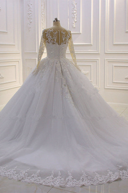 Wunderschönes langes A-Linien-Brautkleid in Bateau-Form mit Perlen, Tüllapplikationen und Spitze und Ärmeln