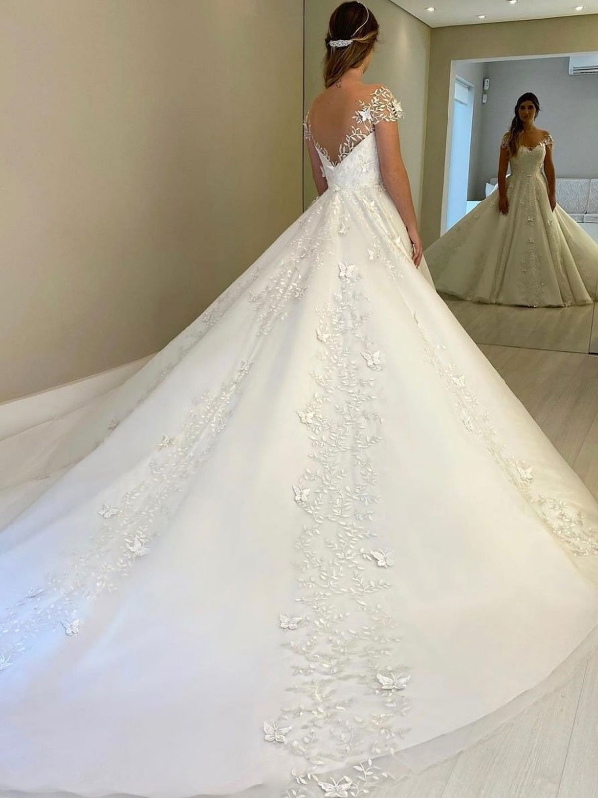 Gorgeous Long A-line Off Shoulder Lace Open Back Wedding Dresses with Cap Sleeves