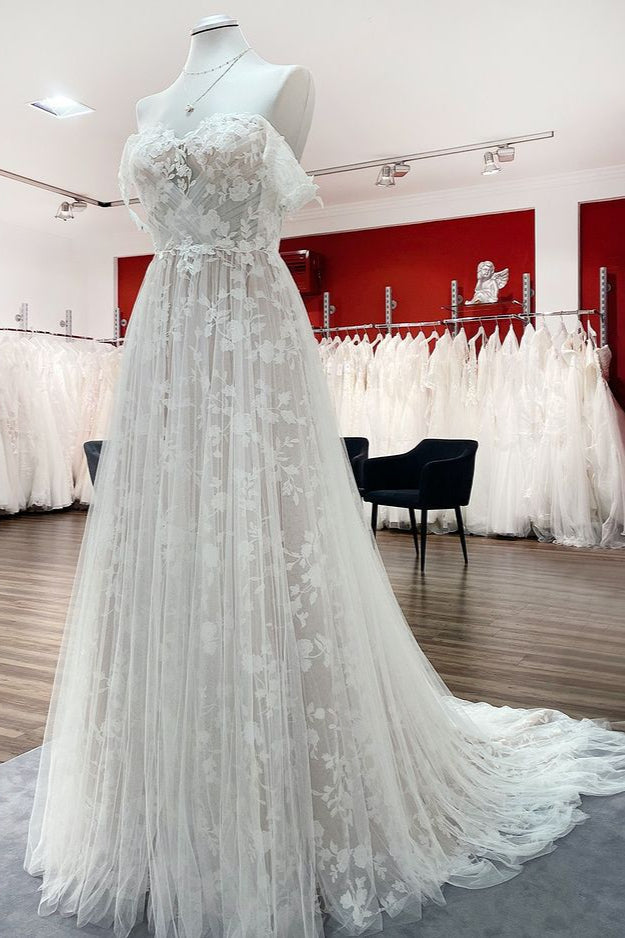 Vestido de Noiva Deslumbrante Comprido em Linha A com Aplicações de Renda em Tule e Decote Ombro a Ombro