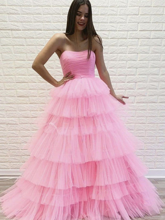 Hermoso vestido de fiesta largo de tul en capas, sin tirantes, corte A, color rosa, vestidos de noche formales