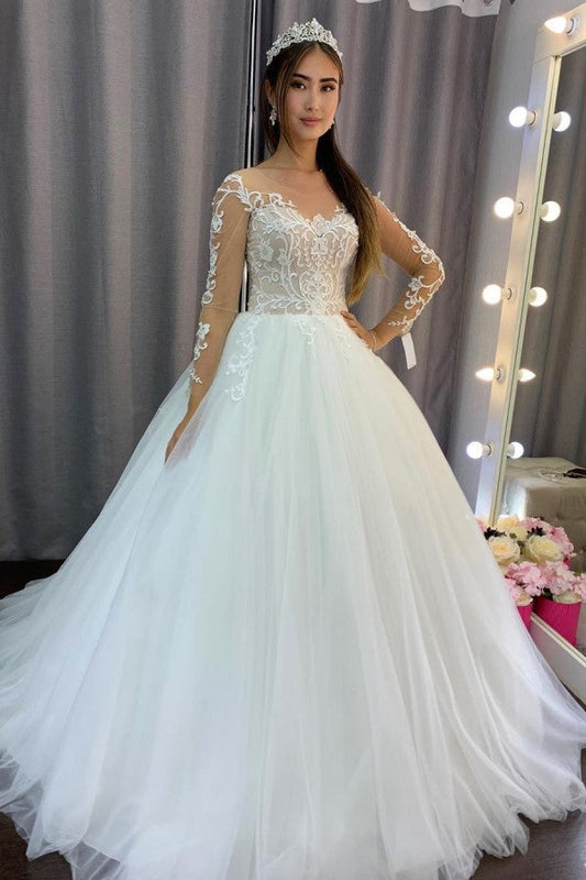 Wunderschönes langes A-Linien-Brautkleid aus Tüllspitze mit Ärmeln