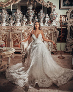 Vestido de Noiva Deslumbrante Comprido em Linha A com Decote em V e Renda Floral 3D