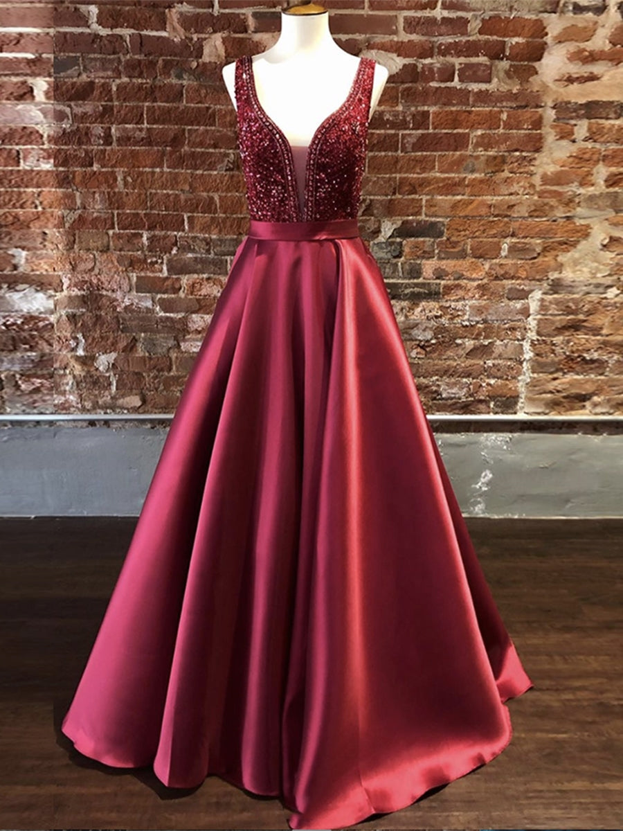 Splendidi abiti lunghi a linea ad A con scollo a V in raso per cerimonia di diploma con perline
