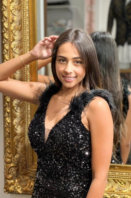 فساتين سهرة طويلة سوداء برقبة على شكل حرف V بدون أكمام بتصميم حورية البحر مع بريق