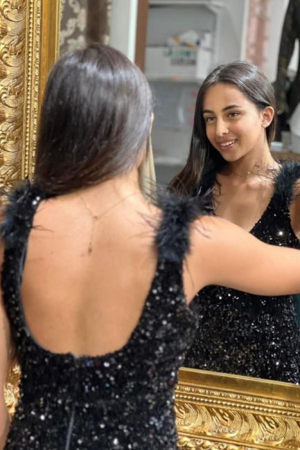 Wunderschönes langes schwarzes ärmelloses Meerjungfrau-Abendkleid mit V-Ausschnitt und Glitzer