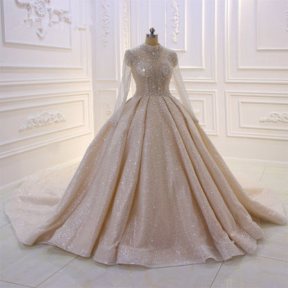 Wunderschönes langes Ballkleid-Brautkleid aus Satin mit hohem Halsausschnitt und Pailletten