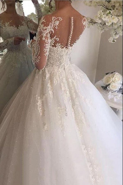 Gorgeous Long Ivory A-line Tulle Lace Wedding Dresses with Sleeves