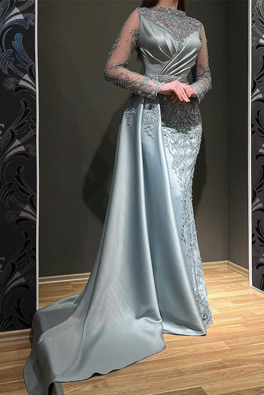 Hermoso vestido de fiesta largo de sirena con apliques de encaje y satén con mangas