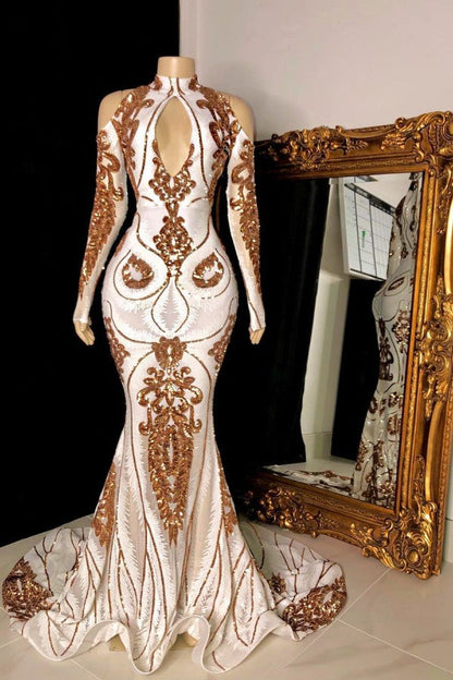 Wunderschönes langes Meerjungfrau-Abendkleid mit Schlüssellochausschnitt, Pailletten und Ärmeln