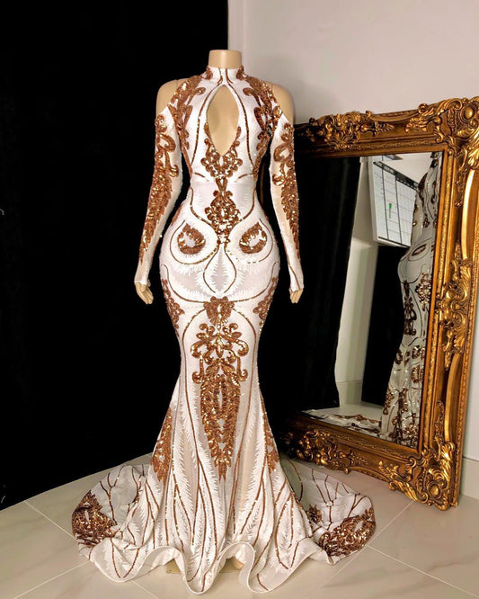 Hermoso vestido de fiesta formal con escote de sirena, lentejuelas y mangas largas