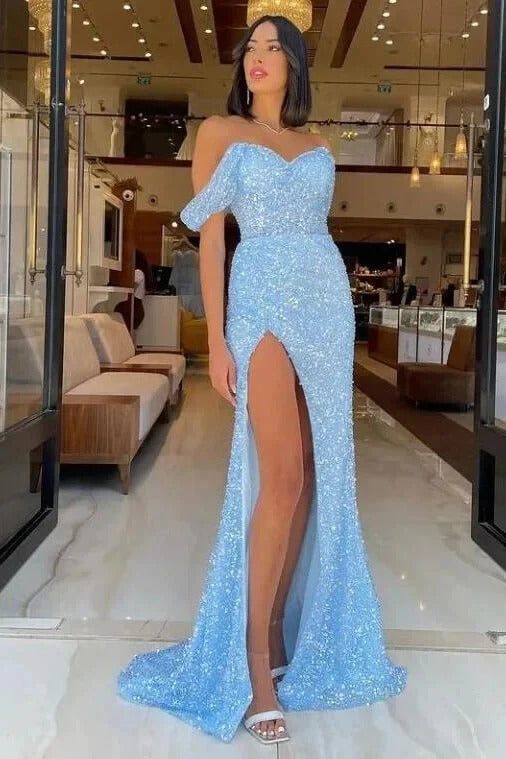 Hermosos vestidos de fiesta formales de sirena largos con hombros descubiertos y lentejuelas con abertura