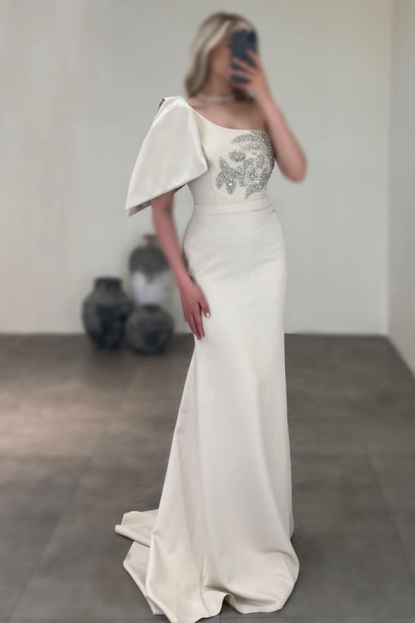 Splendido Abito da Sera Lungo a Sirena con Una Spalla in Raso e Strass, Senza Maniche