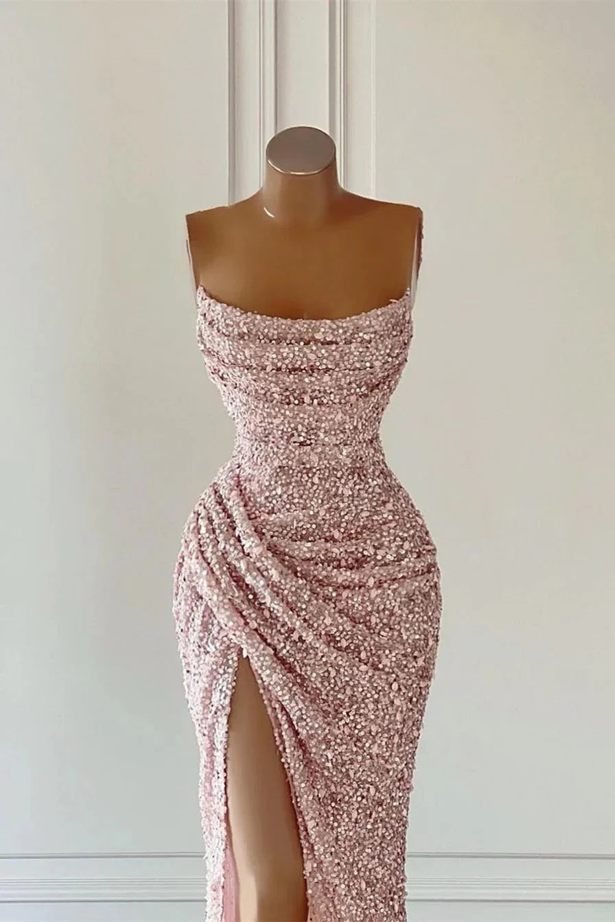 Splendido Abito da Sera Lungo a Sirena Senza Maniche con Paillettes e Spacco