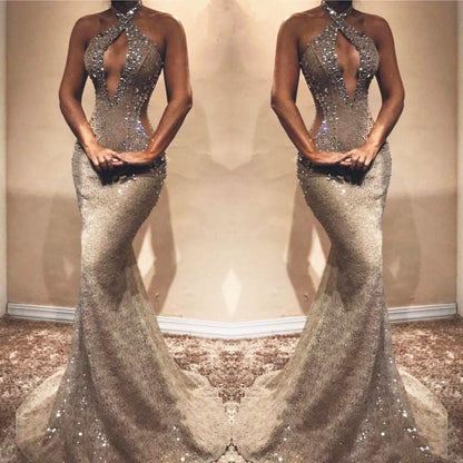 Hermoso vestido de fiesta largo de sirena sexy con encaje y lentejuelas sin mangas