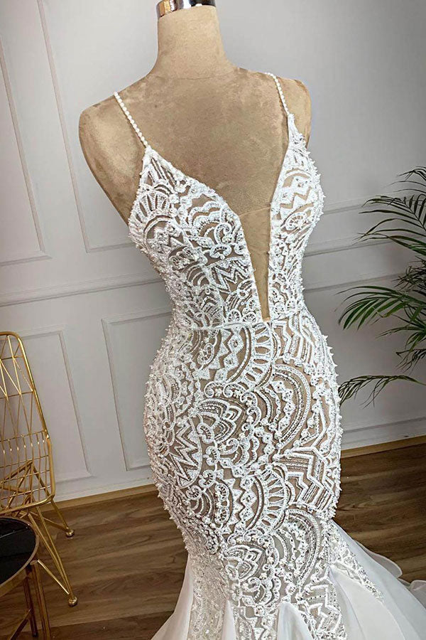 Splendido Abito da Sposa Lungo a Sirena con Scollo a Cuore, Perline, Pizzo e Organza