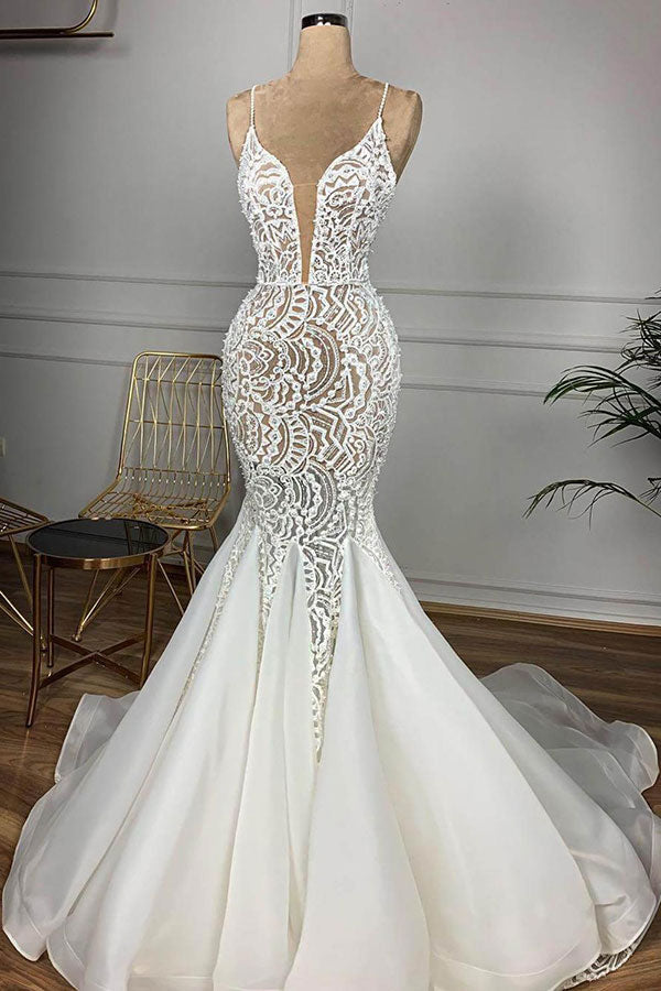 Splendido Abito da Sposa Lungo a Sirena con Scollo a Cuore, Perline, Pizzo e Organza
