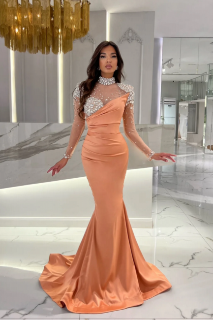Deslumbrante Vestido de Baile Comprido Laranja Cauda de Sereia com Gola Alta e Mangas Compridas