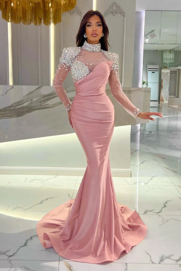 Deslumbrante Vestido de Baile Comprido Laranja Cauda de Sereia com Gola Alta e Mangas Compridas