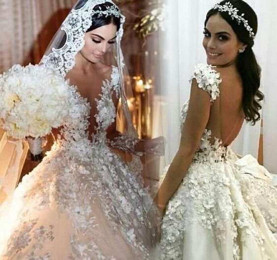 فستان زفاف طويل رائع بأكمام، بتصميم أميرة، برقبة باطو، مزين بتطريزات دانتيل، بدون ظهر، مع كشكش